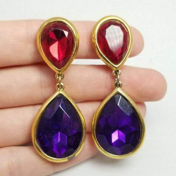 Vintage Trifari Purple and Red Jewel Tone Dangle Clip On Earrings, 90s Style - Picture 1 of 9